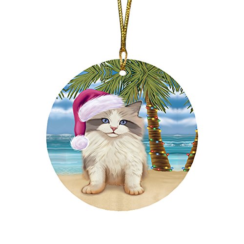Summertime Ragdoll Kitten on Beach Christmas Round Flat Ornament POR1771