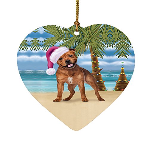 Summertime Pit Bull Dog on Beach Christmas Heart Ornament POR2272