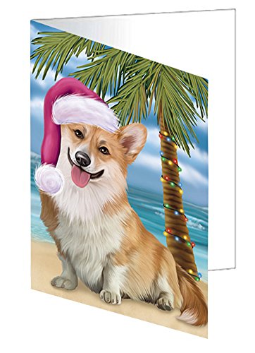 Summertime Happy Holidays Christmas Corgi Dog on Tropical Island Beach Handmade Artwork Assorted Pets Greeting Cards and Note Cards with Envelopes for All Occasions and Holiday Seasons D406