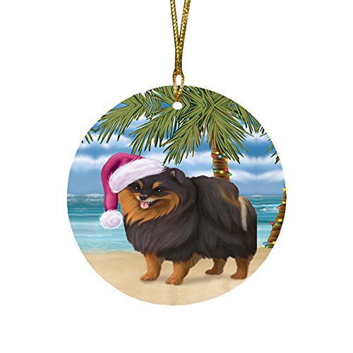 Summertime Pomeranian Spitz Dog on Beach Christmas Round Flat Ornament POR1737