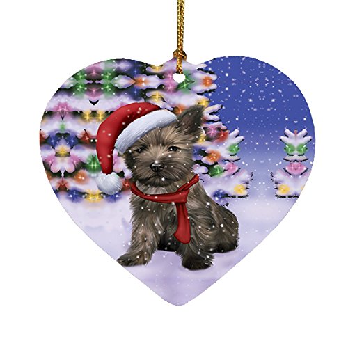 Winterland Wonderland Cairn Terrier Puppy Dog In Christmas Holiday Scenic Background Heart Ornament