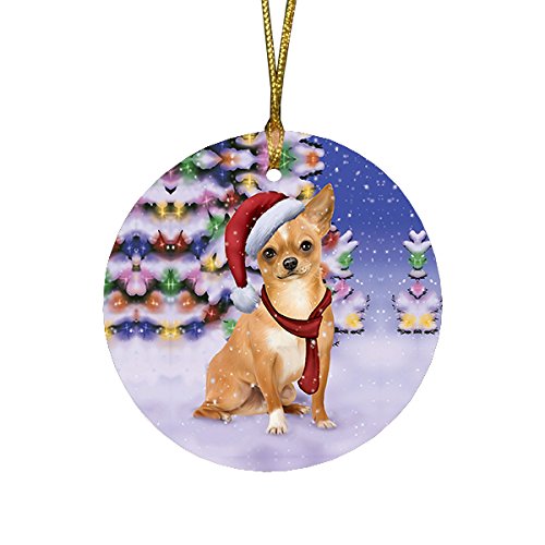 Winterland Wonderland Chihuahua Puppy Dog In Christmas Holiday Scenic Background Round Ornament