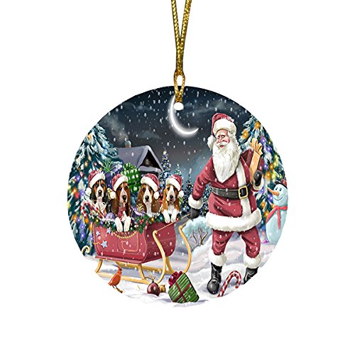 Santa Sled Dogs Basset Hound Christmas Round Flat Ornament POR1570
