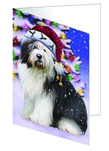 Winterland Wonderland Old English Sheepdog Dog In Christmas Holiday Scenic Background Handmade Artwork Assorted Pets Greeting Cards and Note Cards with Envelopes for All Occasions and Holiday Seasons