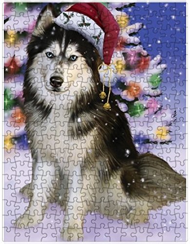 Winterland Wonderland Siberian Huskies Dog In Christmas Holiday Scenic Background Puzzle with Photo Tin
