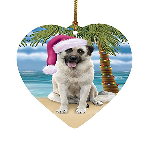 Summertime Happy Holidays Christmas Anatolian Shepherds Dog on Tropical Island Beach Heart Ornament