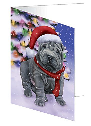 Winterland Wonderland Shar Pei Dog In Christmas Holiday Scenic Background Handmade Artwork Assorted Pets Greeting Cards and Note Cards with Envelopes for All Occasions and Holiday Seasons
