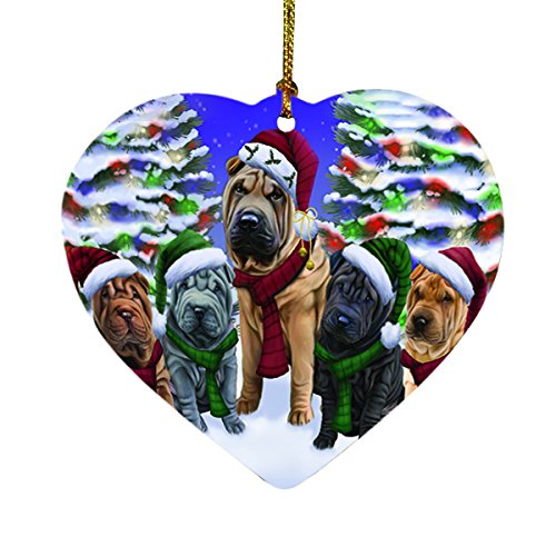 Shar Pei Dog Christmas Family Portrait in Holiday Scenic Background Heart Ornament D149