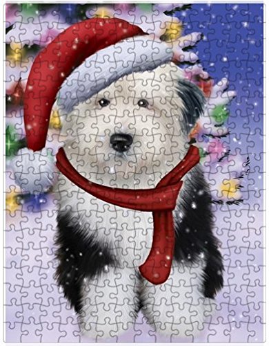 Winterland Wonderland Old English Sheepdog Dog In Christmas Holiday Scenic Background Puzzle with Photo Tin (300 pc.)
