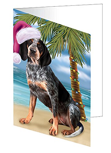 Summertime Christmas Happy Holidays Bluetick Coonhound Dog on Beach Handmade Artwork Assorted Pets Greeting Cards and Note Cards with Envelopes for All Occasions and Holiday Seasons GCD3130