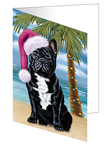 Summertime Happy Holidays Christmas French Bulldogs Dog on Tropical Island Beach Handmade Artwork Assorted Pets Greeting Cards and Note Cards with Envelopes for All Occasions and Holiday Seasons D412