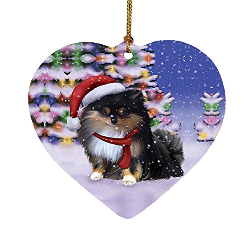 Winterland Wonderland Pomeranians Puppy Dog In Christmas Holiday Scenic Background Heart Ornament