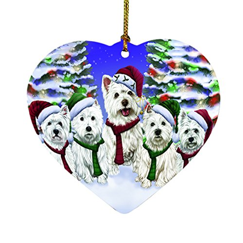West Highland Terriers Dog Christmas Family Portrait in Holiday Scenic Background Heart Ornament D152