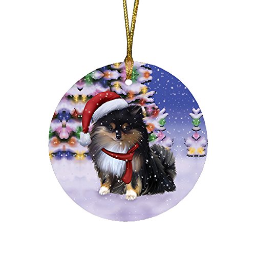 Winterland Wonderland Pomeranians Puppy Dog In Christmas Holiday Scenic Background Round Ornament