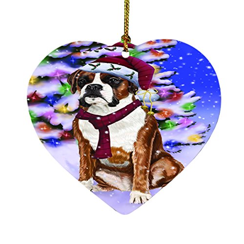 Winterland Wonderland Boxers Dog In Christmas Holiday Scenic Background Heart Ornament D486