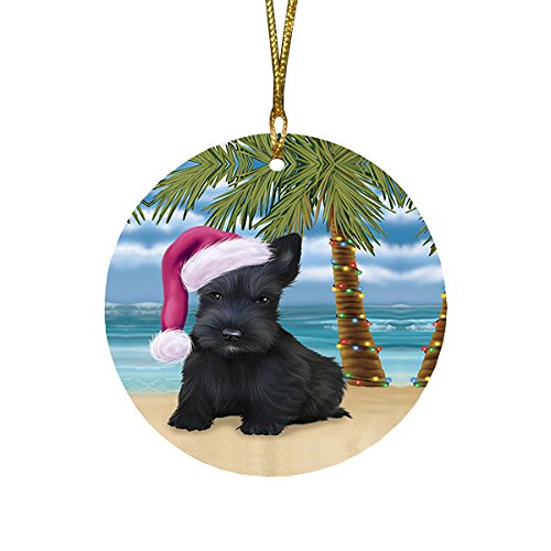 Summertime Christmas Happy Holidays Scottish Terrier Dog on Beach Round Flat Ornament POR1244