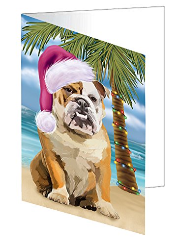 Summertime Christmas Happy Holidays English Bulldog on Beach Handmade Artwork Assorted Pets Greeting Cards and Note Cards with Envelopes for All Occasions and Holiday Seasons GCD3150