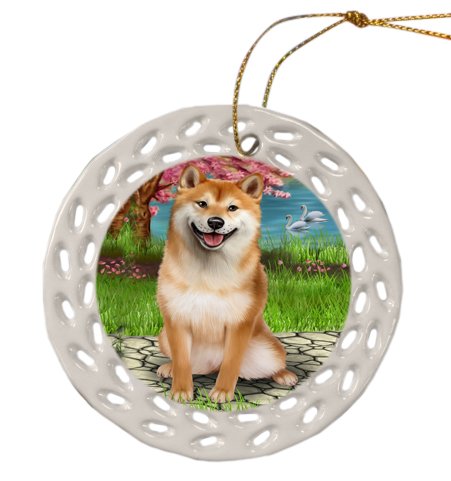 Shiba Inu Dog Christmas Doily Ceramic Ornament
