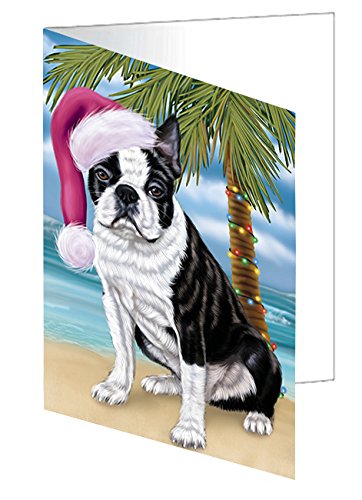 Summertime Happy Holidays Christmas Boston Terriers Dog on Tropical Island Beach Handmade Artwork Assorted Pets Greeting Cards and Note Cards with Envelopes for All Occasions and Holiday Seasons