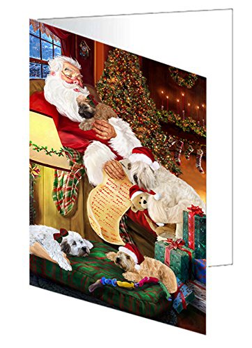 Wheaten Terrier Dog and Puppies Sleeping with Santa Handmade Artwork Assorted Pets Greeting Cards and Note Cards with Envelopes for All Occasions and Holiday Seasons