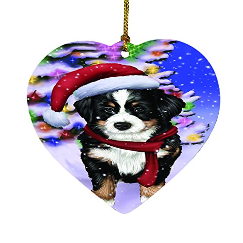Winterland Wonderland Bernese Mountain Dog In Christmas Holiday Scenic Background Heart Ornament D478