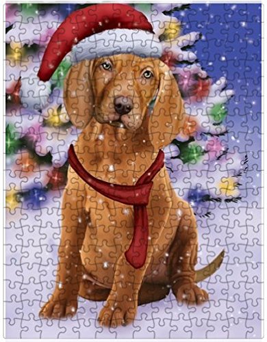 Winterland Wonderland Vizsla Puppy Dog In Christmas Holiday Scenic Background Puzzle with Photo Tin