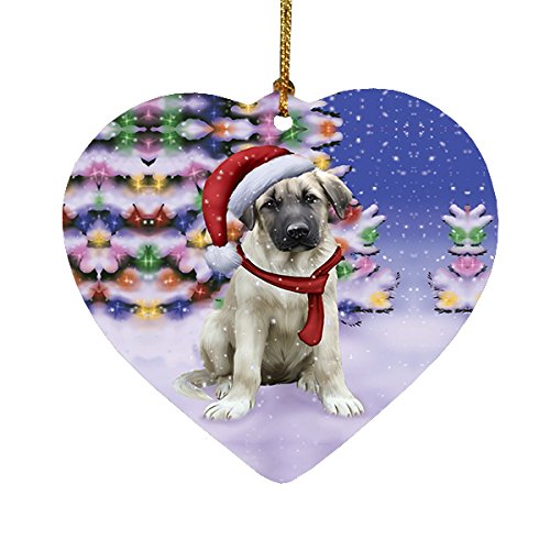 Winterland Wonderland Anatolian Shepherds Puppy Dog In Christmas Holiday Scenic Background Heart Ornament