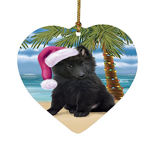 Summertime Happy Holidays Christmas Belgian Shepherds Dog on Tropical Island Beach Heart Ornament
