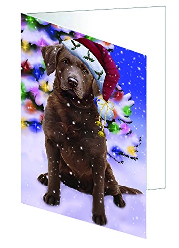 Winterland Wonderland Chesapeake Bay Retriever Dog In Christmas Holiday Scenic Background Handmade Artwork Assorted Pets Greeting Cards and Note Cards with Envelopes for All Occasions and Holiday Seasons