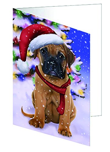 Winterland Wonderland Bullmastiff Dog In Christmas Holiday Scenic Background Handmade Artwork Assorted Pets Greeting Cards and Note Cards with Envelopes for All Occasions and Holiday Seasons