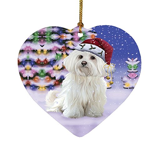Winterland Wonderland Maltese Dog In Christmas Holiday Scenic Background Heart Ornament