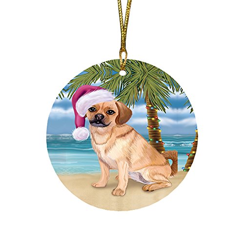 Summertime Puggle Dog on Beach Christmas Round Flat Ornament POR1763