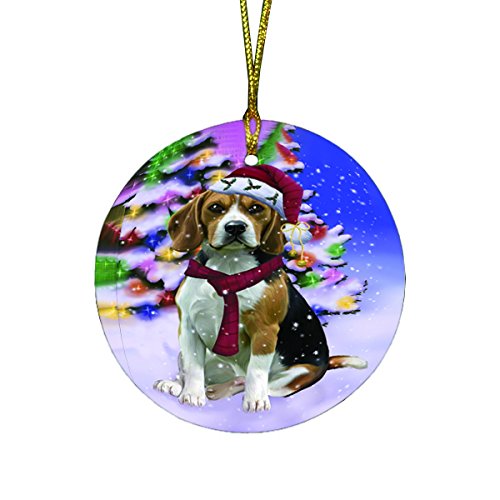 Winterland Wonderland Beagles Dog In Christmas Holiday Scenic Background Round Ornament D473