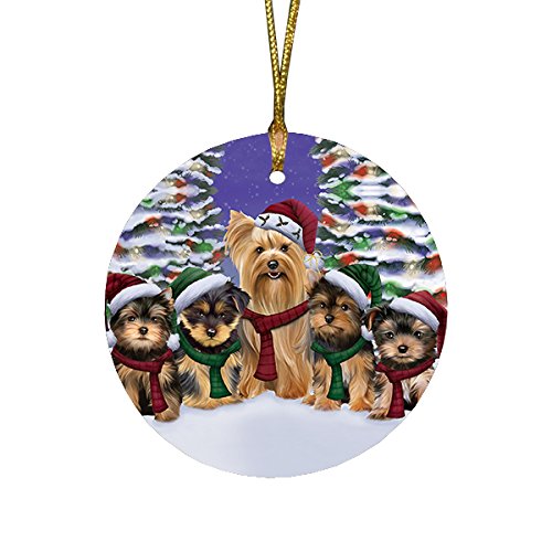Yorkshire Terriers Dog Christmas Family Portrait in Holiday Scenic Background Round Ornament