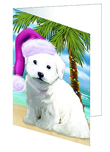 Summertime Christmas Bichon Frise Dog on Beach Handmade Artwork Assorted Pets Greeting Cards and Note Cards with Envelopes for All Occasions and Holiday Seasons