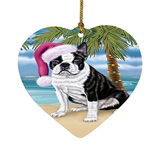 Summertime Happy Holidays Christmas Boston Terriers Dog on Tropical Island Beach Heart Ornament