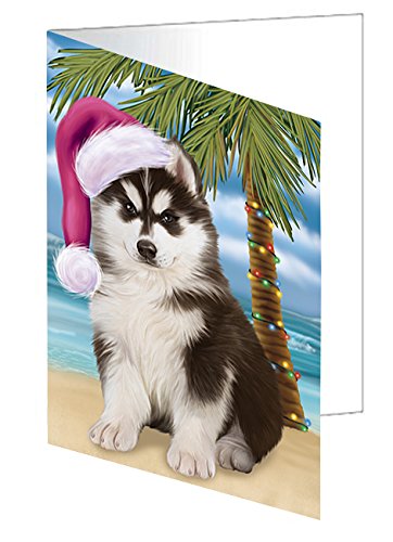 Summertime Happy Holidays Christmas Siberian Husky Dog on Tropical Island Beach Handmade Artwork Assorted Pets Greeting Cards and Note Cards with Envelopes for All Occasions and Holiday Seasons D447