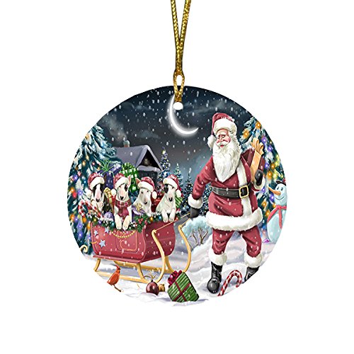 Santa Sled Dogs Bull Terrier Christmas Round Flat Ornament POR1562