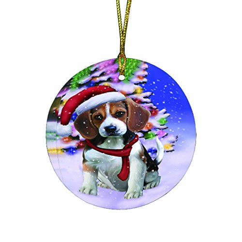 Winterland Wonderland Beagles Dog In Christmas Holiday Scenic Background Round Ornament D474