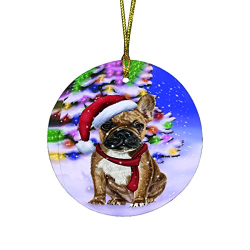 Winterland Wonderland French Bulldogs Dog In Christmas Holiday Scenic Background Round Ornament D494
