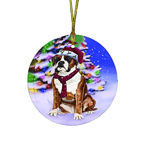 Winterland Wonderland Boxers Dog In Christmas Holiday Scenic Background Round Ornament D485