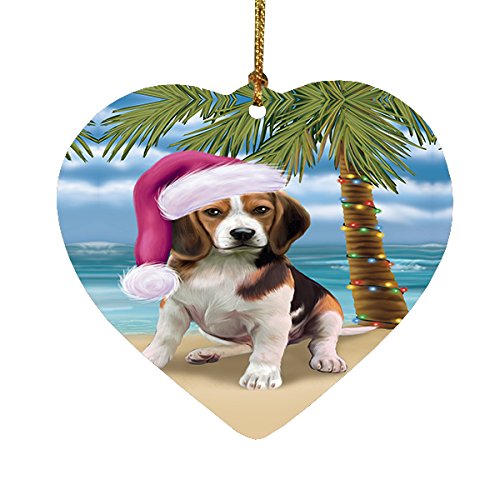 Summertime Happy Holidays Christmas Beagles Dog on Tropical Island Beach Heart Ornament