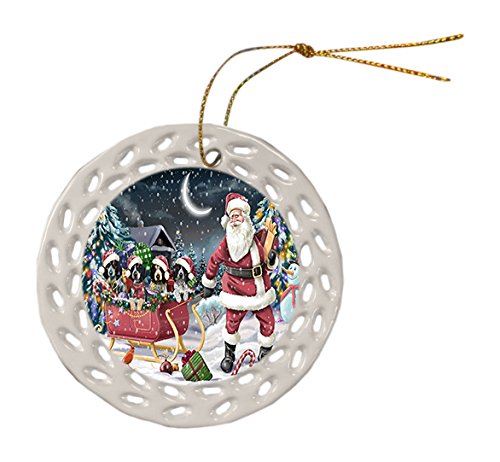 Santa Sled Dogs Bluetick Coonhound Christmas Round Doily Ornament POR395