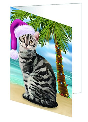 Summertime Happy Holidays Christmas Bengal Cat on Tropical Island Beach Handmade Artwork Assorted Pets Greeting Cards and Note Cards with Envelopes for All Occasions and Holiday Seasons