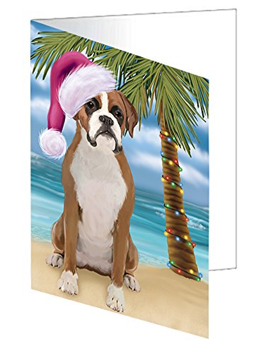 Summertime Christmas Happy Holidays Boxer Dog on Beach Handmade Artwork Assorted Pets Greeting Cards and Note Cards with Envelopes for All Occasions and Holiday Seasons GCD3095
