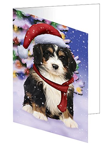 Winterland Wonderland Bernedoodle Puppy Dog In Christmas Holiday Scenic Background Handmade Artwork Assorted Pets Greeting Cards and Note Cards with Envelopes for All Occasions and Holiday Seasons