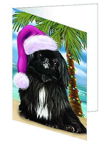 Summertime Happy Holidays Christmas Pekingese Dog on Tropical Island Beach Handmade Artwork Assorted Pets Greeting Cards and Note Cards with Envelopes for All Occasions and Holiday Seasons