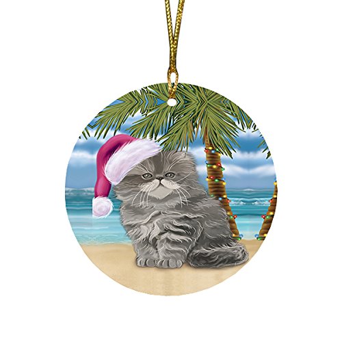 Summertime Persian Cat on Beach Christmas Round Flat Ornament POR1708