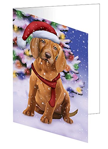 Winterland Wonderland Vizsla Puppy Dog In Christmas Holiday Scenic Background Handmade Artwork Assorted Pets Greeting Cards and Note Cards with Envelopes for All Occasions and Holiday Seasons