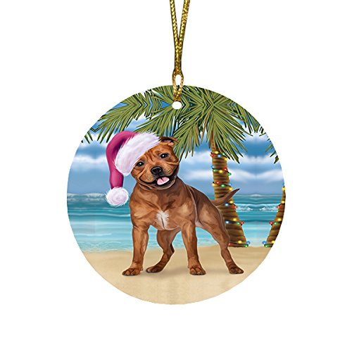 Summertime Pit Bull Dog on Beach Christmas Round Flat Ornament POR1726